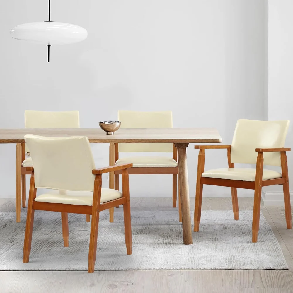 Mid-Century Dining Side Chair with Faux Leather Seat in Tan, Arm Chair in Walnut,Set of 4