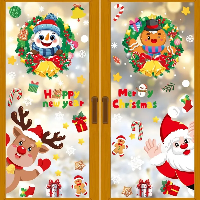 2024 Christmas Decorative Glass Window Stickers Santa Claus Snowman Elk Scene Layout Electrostatic Wall Sticker Happy New Year