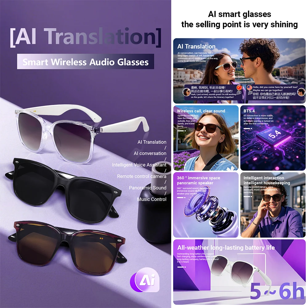 JT-GY500 Bluetooth Audio Smart Sunglasses AI Translation Smart Wireless Glasses UV400 Support 100+ Languages Outdoor Glasses