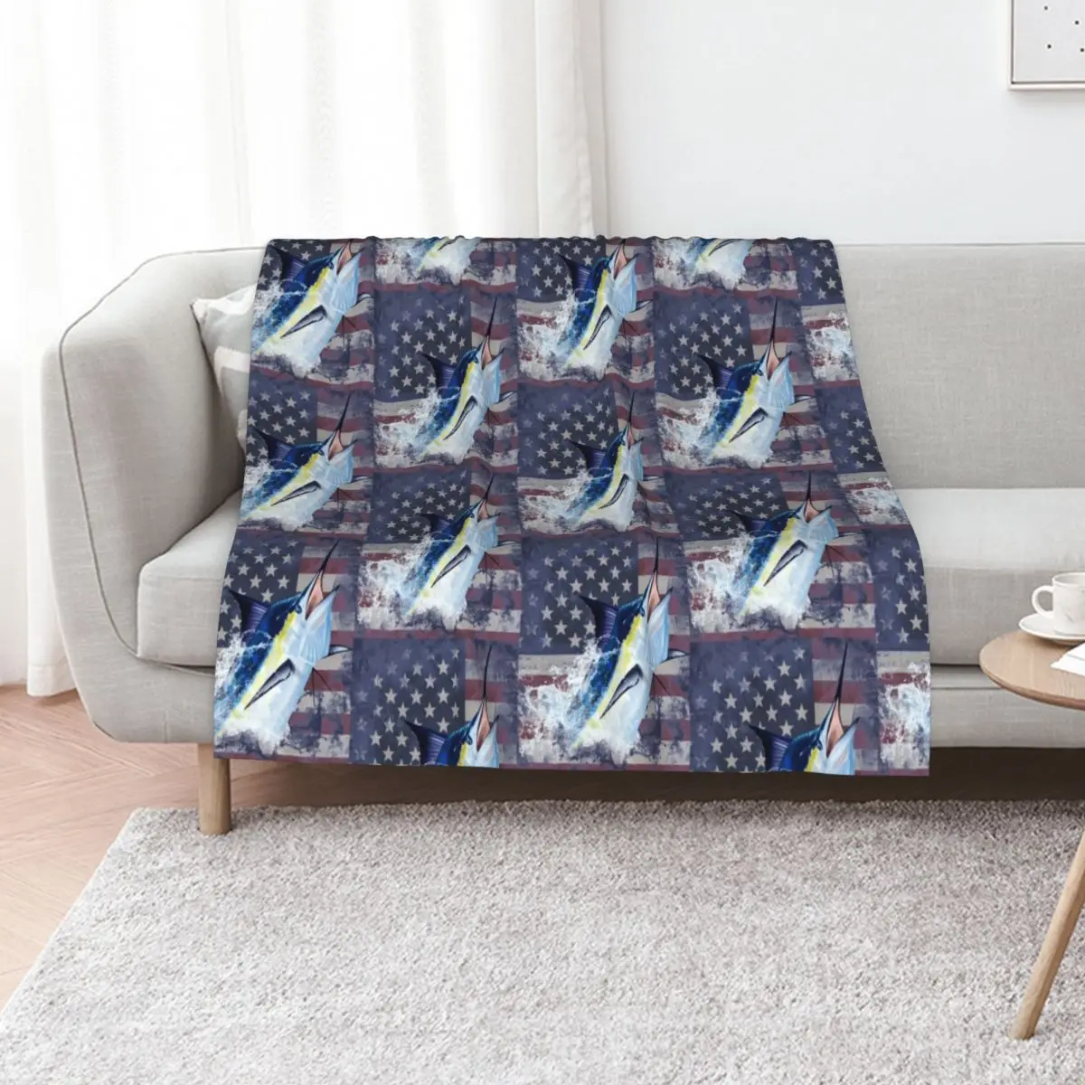 Blue Marlin with US Flag Throw Blanket Luxury Throw Soft Plush Plaid Nap Summer Beddings anime Soft Beds Blankets