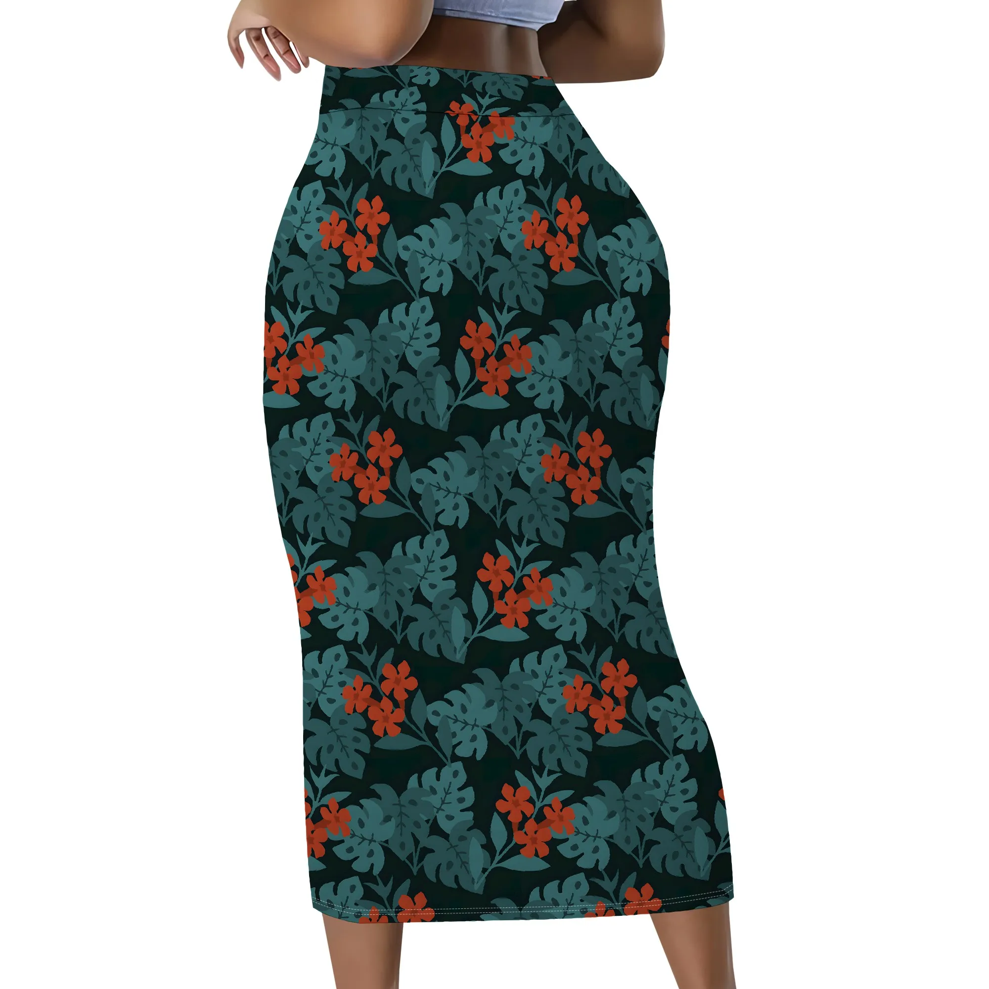 Tropischer Blumenmuster-Bleistiftrock, Hochtaillierter Midirock, Figurbetonter Partykleid-Rock, Sommer-Strand-Urlaubsoutfit, S-2XL – Detail 3