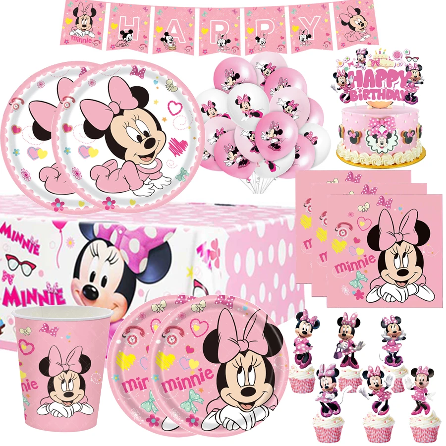 Baby Minnie Mouse Birthday Party Balloon Supplies Minnie Mouse Decorations for Girls Party Supplies Cup Plate Cake Topper Decor