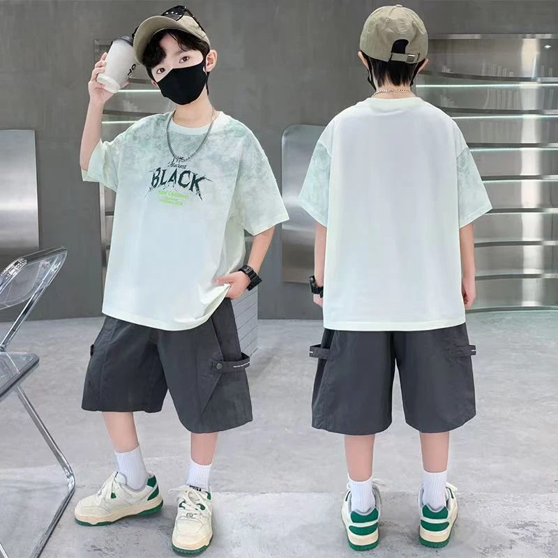 

Летний комплект для подростков: футболка с круглым вырезом и шорты карго в стиле тай-дай, модный повседневный наряд для уличных прогулок