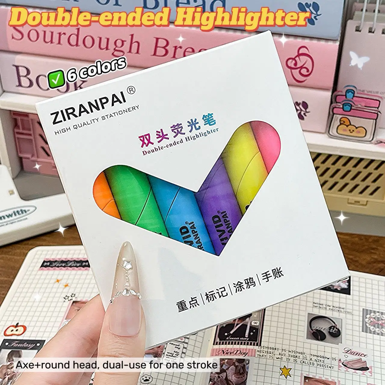 Fluorescent Pen with Detachable Double Heads Heart-shaped Design Colorful Student Key Marking Hand Account Graffiti, Stationery