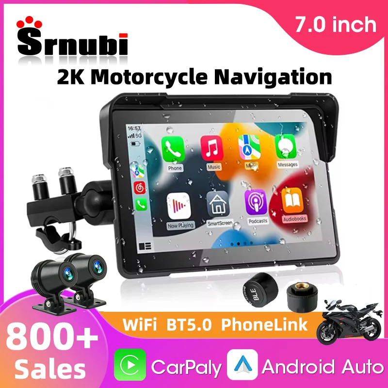 7 inch 2K Motorcycle DVR Navigation GPS Wireless CarPlay Android Auto Portable Smart Display Waterproof IPX7 HD Recording Cam