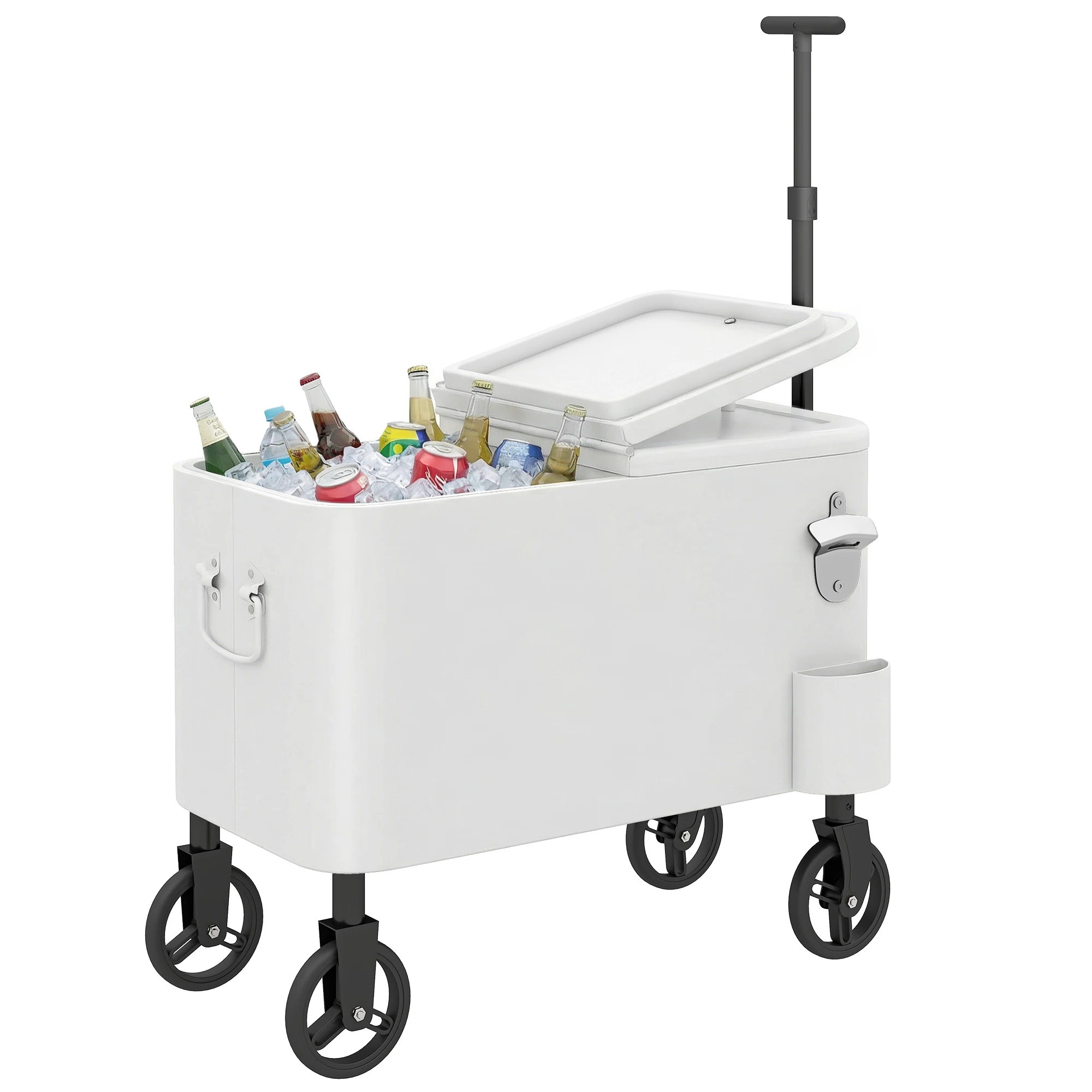 Carrito Nevera de 56L con Ruedas, Mango Ajustable, Abrebotellas, Recolectacapsulas, Drenaje y Asa 75x35x120 cm Blanco - Nevera por