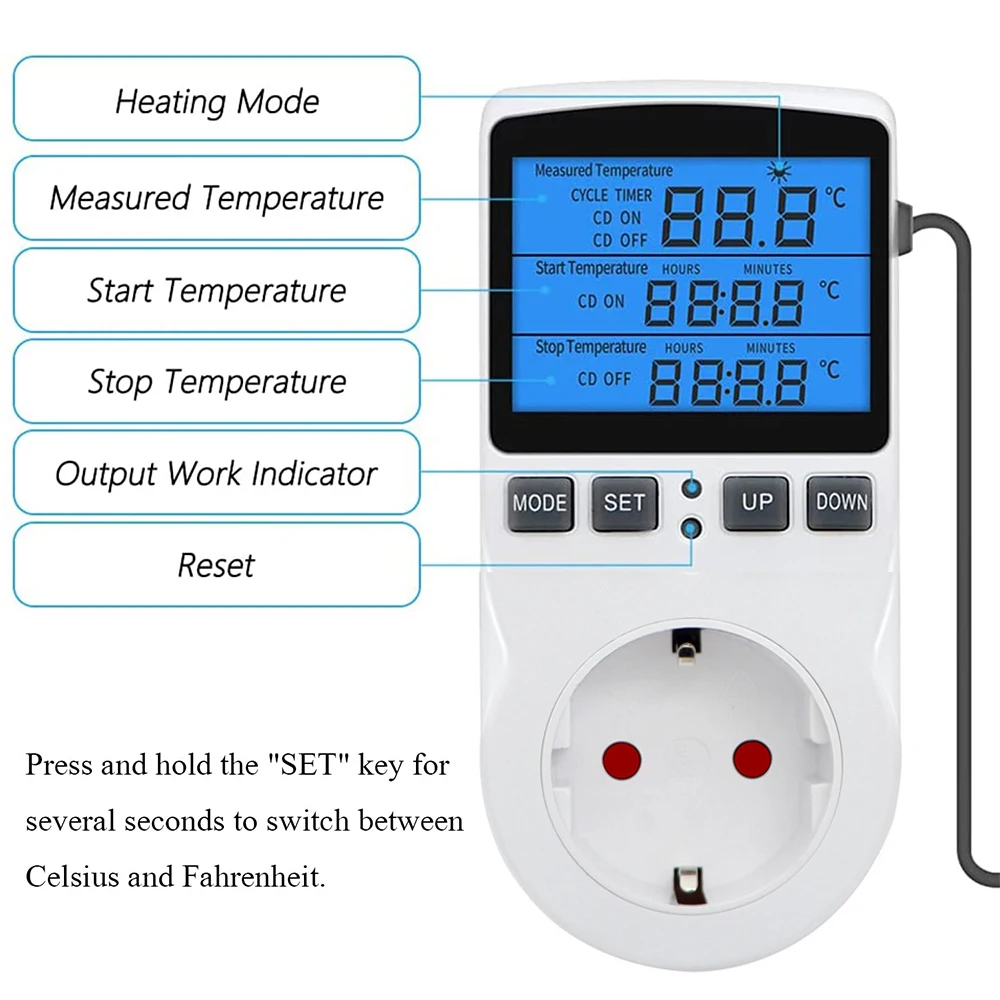 Picture 6: Digital Temperature Controller LCD Blue Backlight Heating and Cooling Thermostat Socket With Sensor For Greenhouse Refrigerator