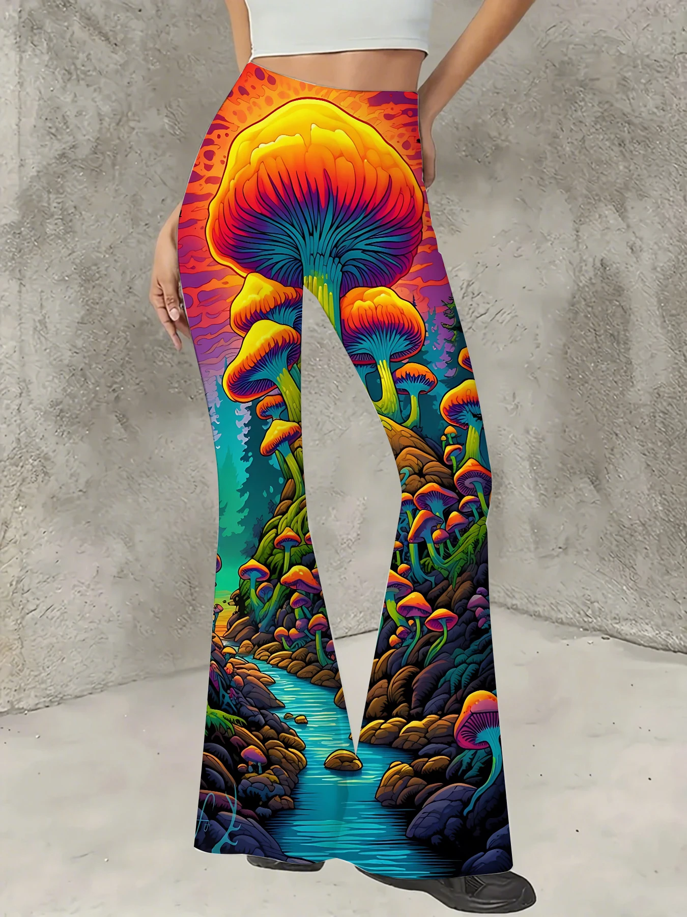 

Women's Boho Printed Flare Pants Vintage Knit High Waist Wide Leg Trousers