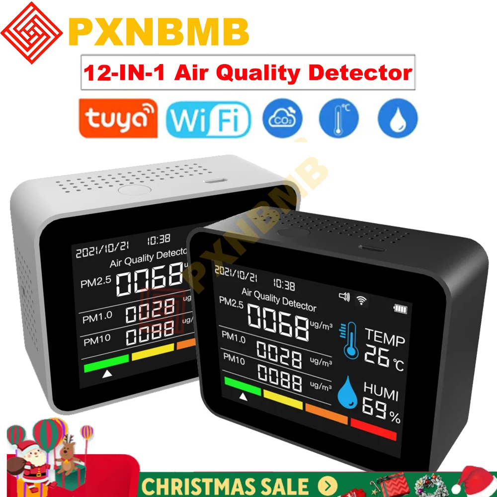 

Tuya WiFi 12-in-1 Air Quality Detector CO2 Monitor PM2.5 HCHO TIme Date Formaldehyde Detector Temperature and Humidity Meter