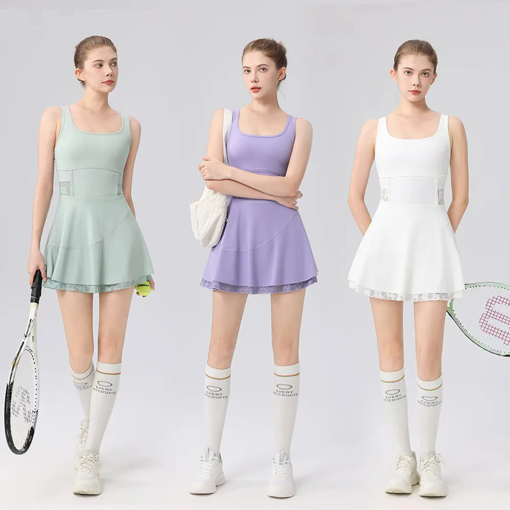 Yoga Jumpsuit Women Tennis Skirt Sleeveless Backless Sports Tennis Dress Built in Bra & Short Lace Pleated Workout Dresses