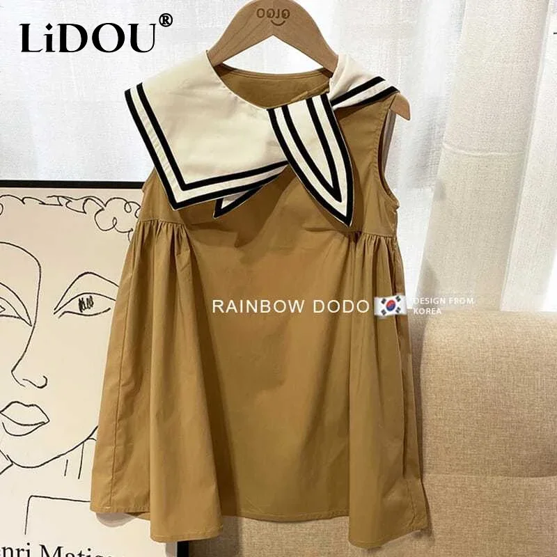 

2023 New Korean Fashion Summer Dress Girls Solid Color Loose Casual Cute Kawaii Sweet Contrasting Colors Sleeveless Chic Robes