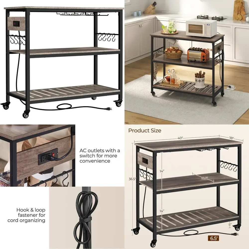 

3-Tier Kitchen Cart with Wheels, Storage and Power Outlet, Microwave Stand with Foodpads for Efficient Food Preparation