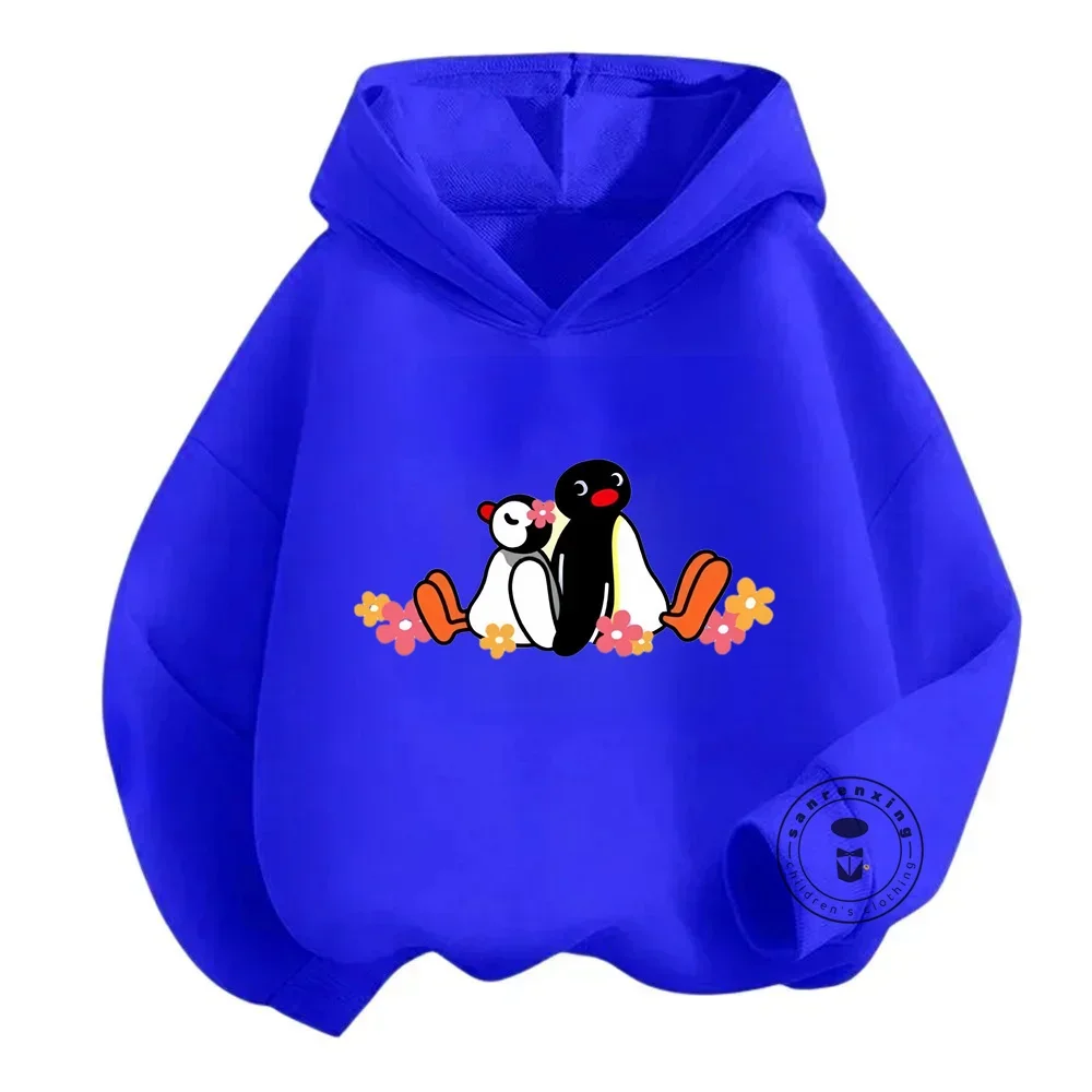 Adorable Fashion Pingu Animation-Inspired Hoodies with Cute Penguin Design Spring Autumn Long Sleeve Loose Fit for Trendy Kids