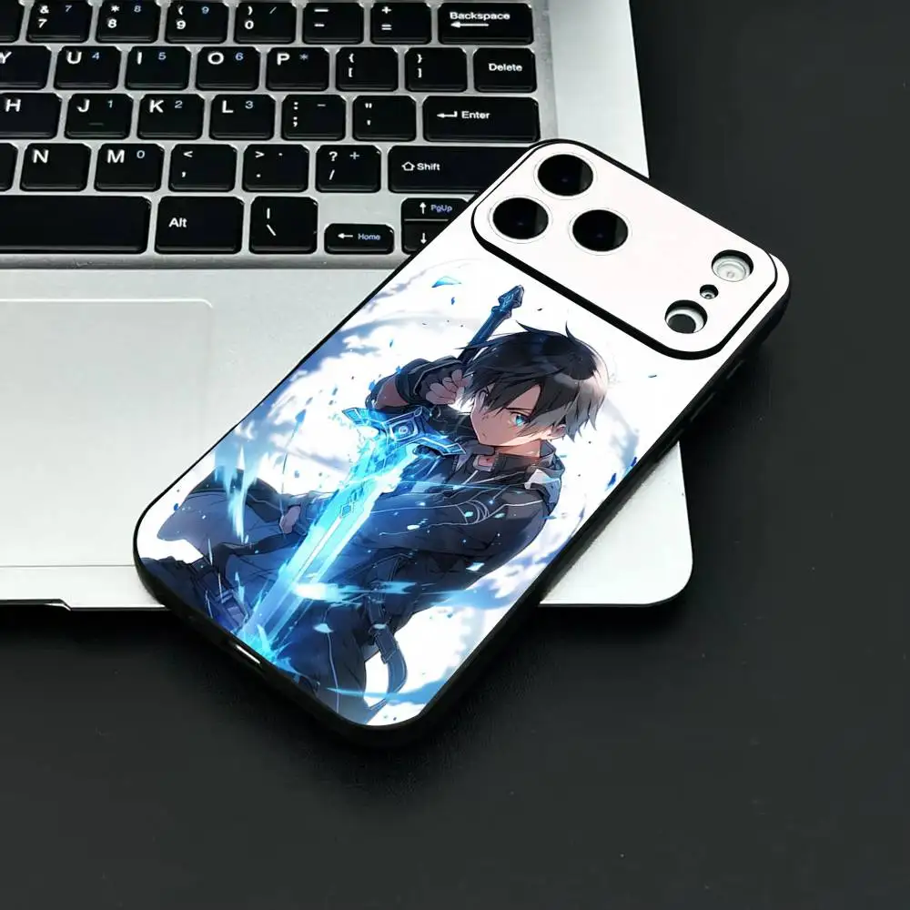 S-Sword Art O-Online Phone Case Fashion Black Frosted TPU Phone Case for iPhone 12-17. UV Spray Painted Design, Anti-fall Daily