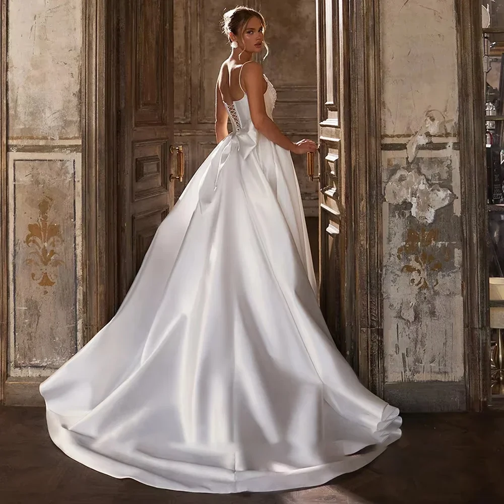 Modern Wedding Dresses Sexy Spaghetti Straps Pearls Back Sweep Train A Line Corset Back Bridal Gowns Robe De Mariage Bride Dress