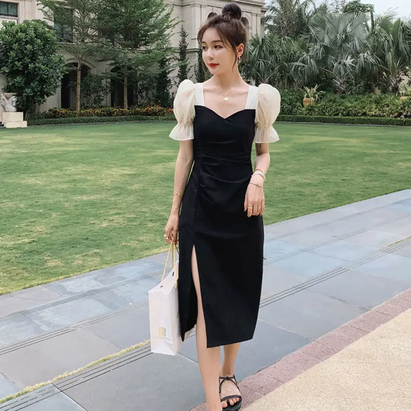 

Women's White black split Dress French Ruffle Square Neck Lace Puff Short Sleeves Casual Fashion High Waist Baggy Short dress La