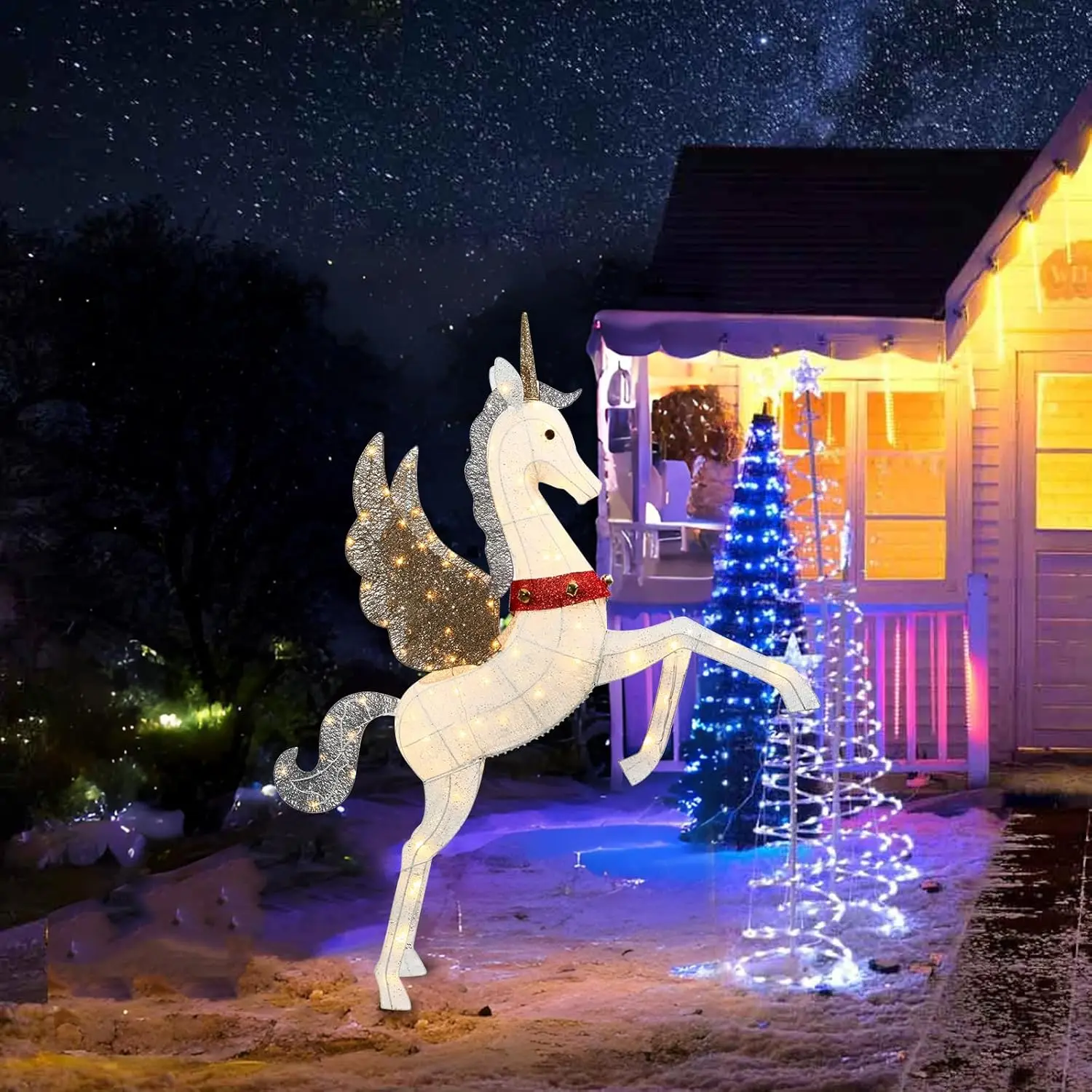 Weather Proof Lighted Christmas Pegasus with 140 Warm White LED Lights,Ground Stakes,Zip Ties for Outdoor Indoor Decorations