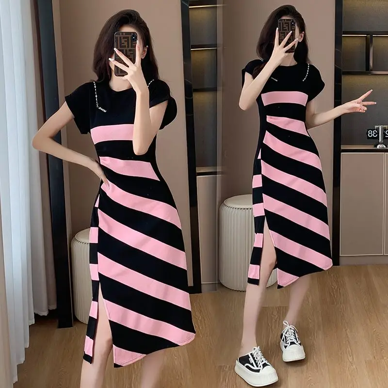 Moda feminina rosa listra retalhos split midi vestido 2025 verão novo o-pescoço manga curta t camisas vestidos roupas casuais