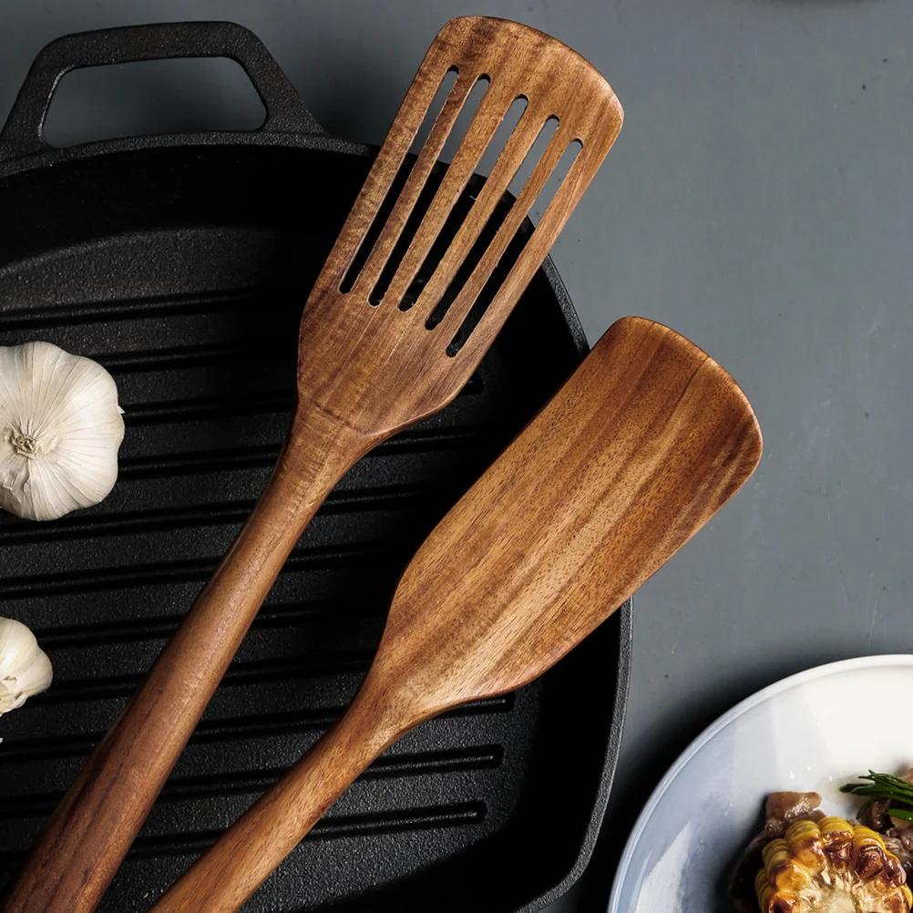 

1pc Teak Wood Cooking Hollow Long Handle Slotted Turner Heat Resistant Kitchen Tool For Non-Stick Pots Wood Spatula Cook