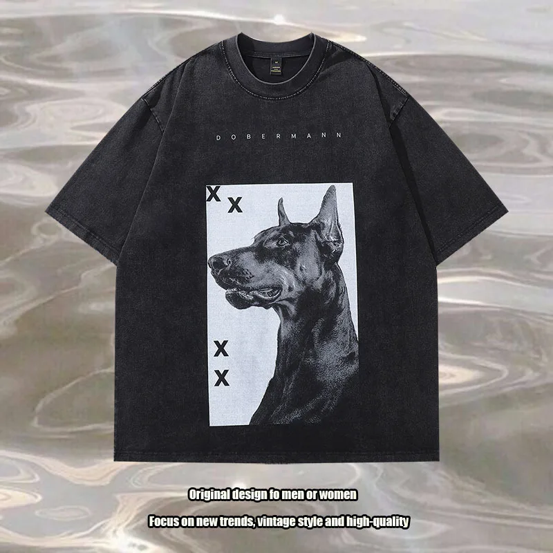 

High street Doberman print washed distressed short-sleeved T-shirts for men and women American retro fashion brand tops