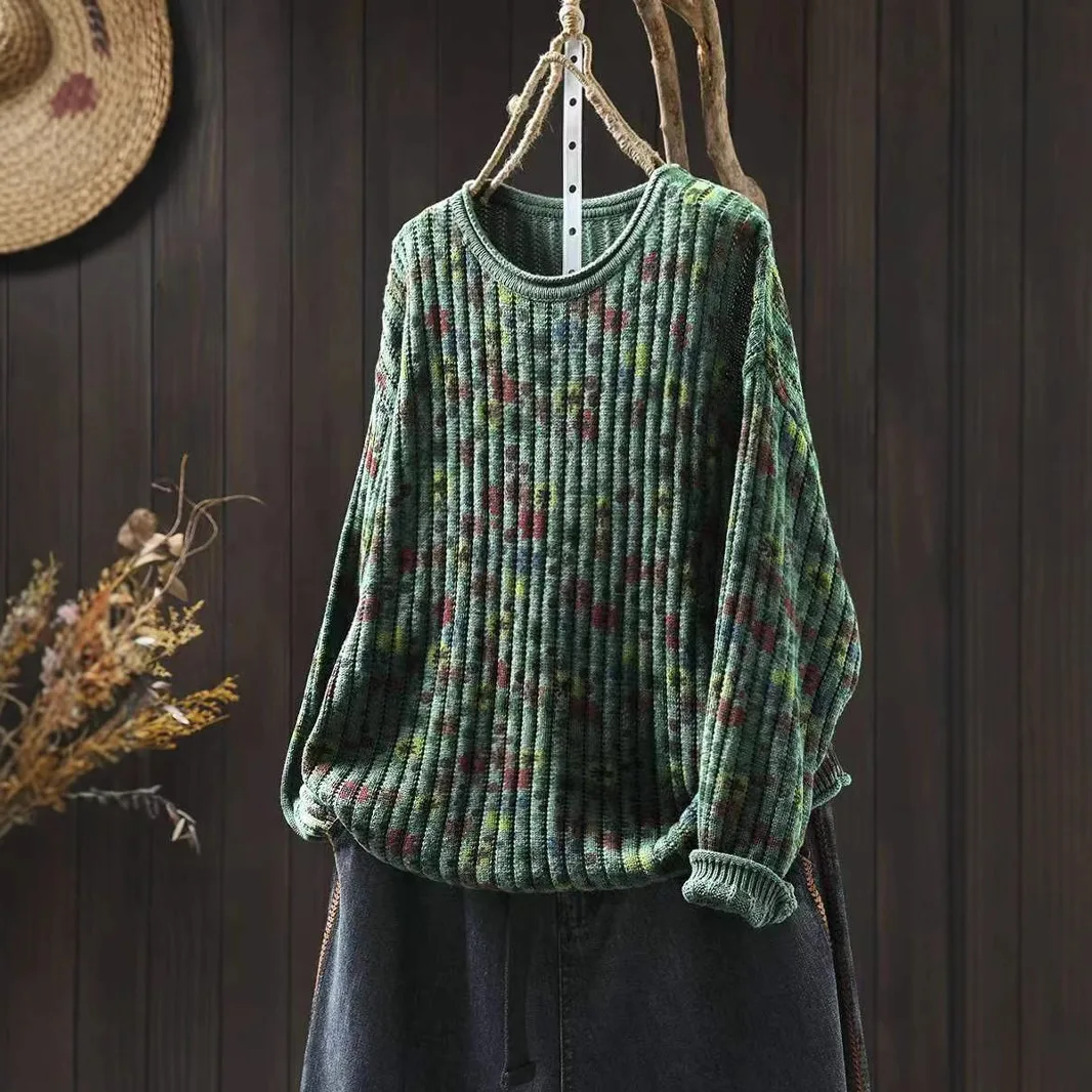 Vintage Flower Print Sweater Women Good Quality Cotton Yarn Comfortable Soft Knitting Pullovers Female O-neck Loose Casual Tops