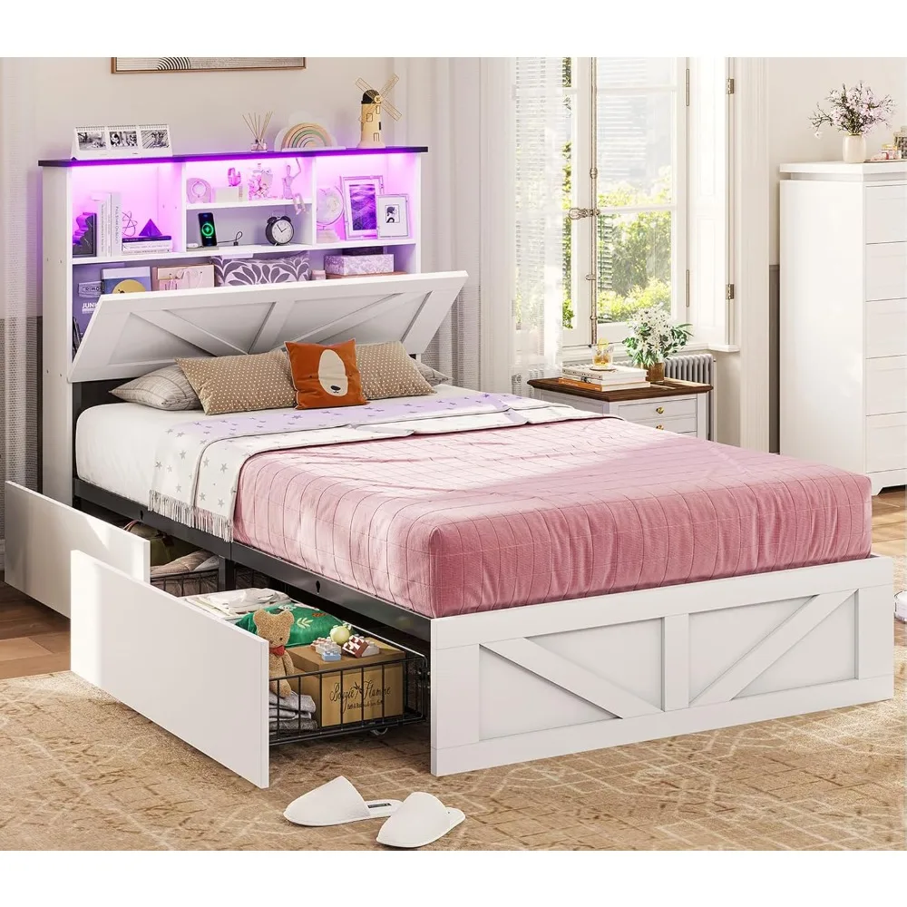VIAGDO Farmhouse Bed Frame Twin Size with Bookcase Storage Headboard, Charging Station and LED Lights, Wooden Twin Bed Frames wi