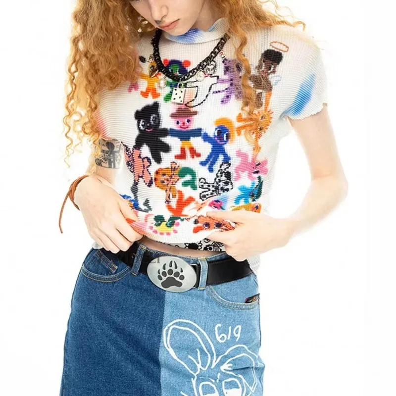European American Y2K Hot Girl Knit Short Sleeve Blouse Mock Neck Atmospheric Painted Print Slim Fit Women Casual Cover Up Top