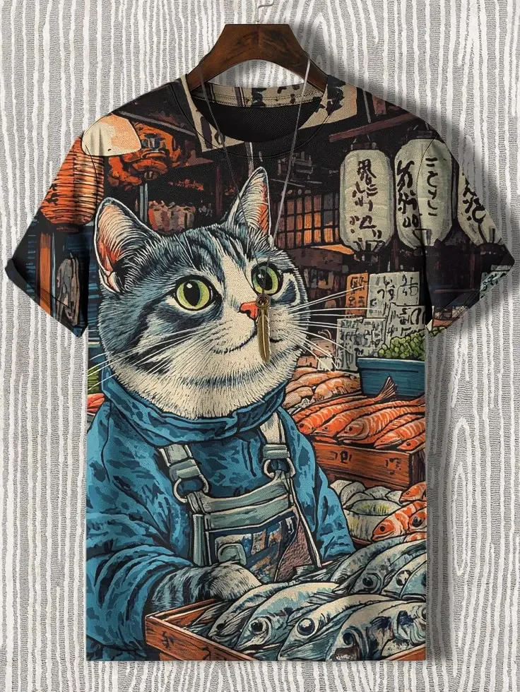 

Man Women Short Sleeve O-Neck T-Shirt Oversized Loose Casual Cartoon Top Men's Cat Selling Fish Japanese Art 3D Printed T Shirts