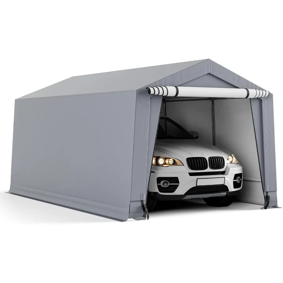 Outdoor Portable Garage: Galvanized Steel Frame, Gray, Heavy-Duty Triangular Beams for All-Season Use with 2 Removable Doors