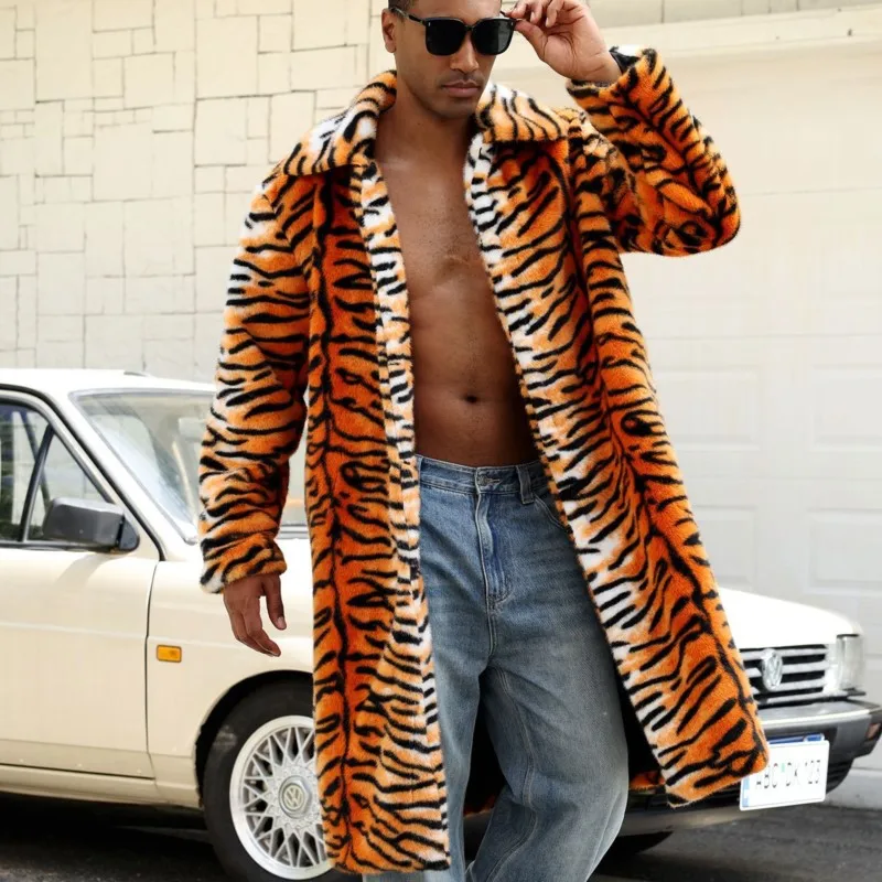 سترات شتوية سميكة ودافئة لعام 2025 معاطف طويلة من الفرو معاطف طويلة منفوشة ملابس خارجية للرجال سترة بنمط نمر من الفرو الصناعي