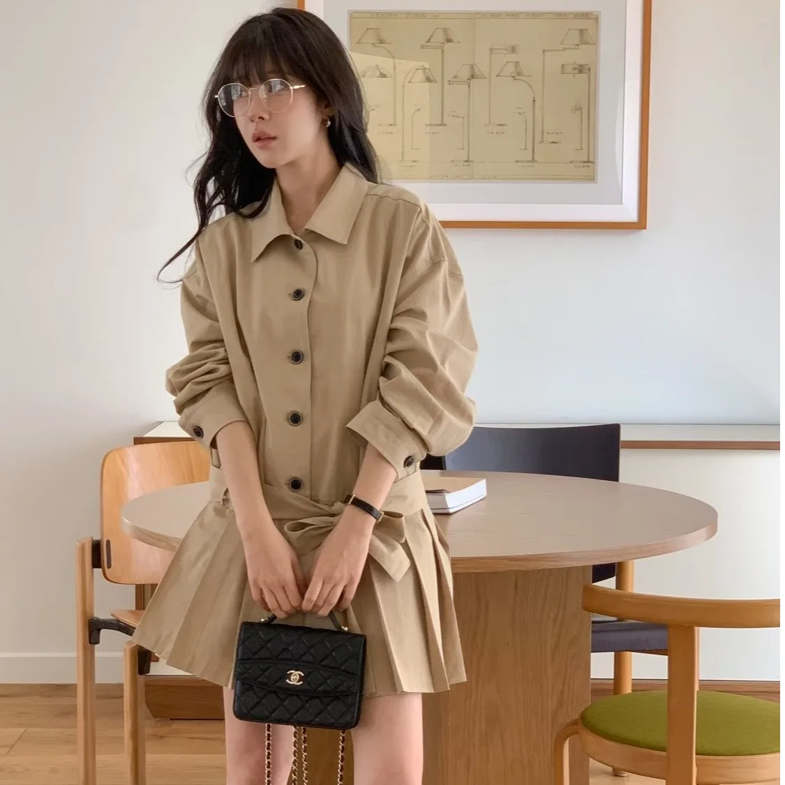 Korean Style Versatile Miniature Pleated Windbreaker Fashion Single Buttoned Top Coat Windbreaker Women's Mid-Length Coat