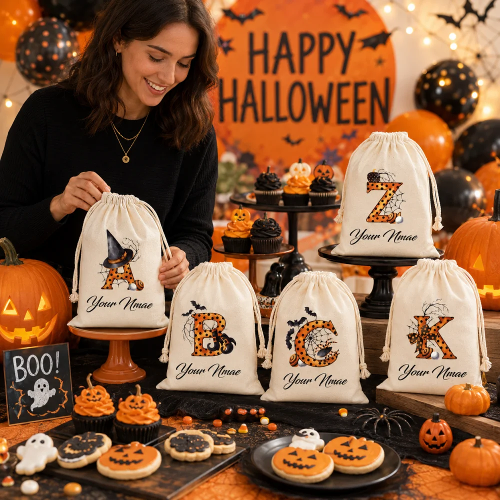 Custom Halloween Drawstring Pouches Personalized Print Name Linen Treat Candy Bag Kids Trick Or Treat Sack Halloween Storage Bag