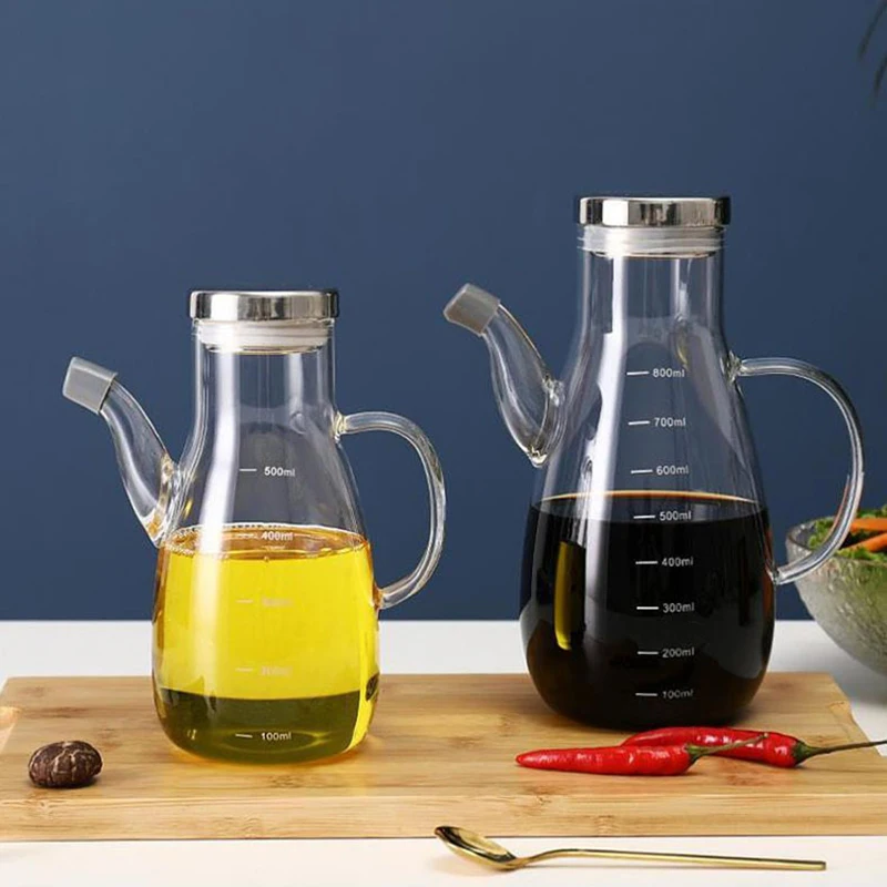 Botella de aceite graduada de vidrio de 800ml con tapa de acero inoxidable y tapa de madera, olla de aceite para cocina, salsa de soja, vinagre, botella de aceite de sésamo
