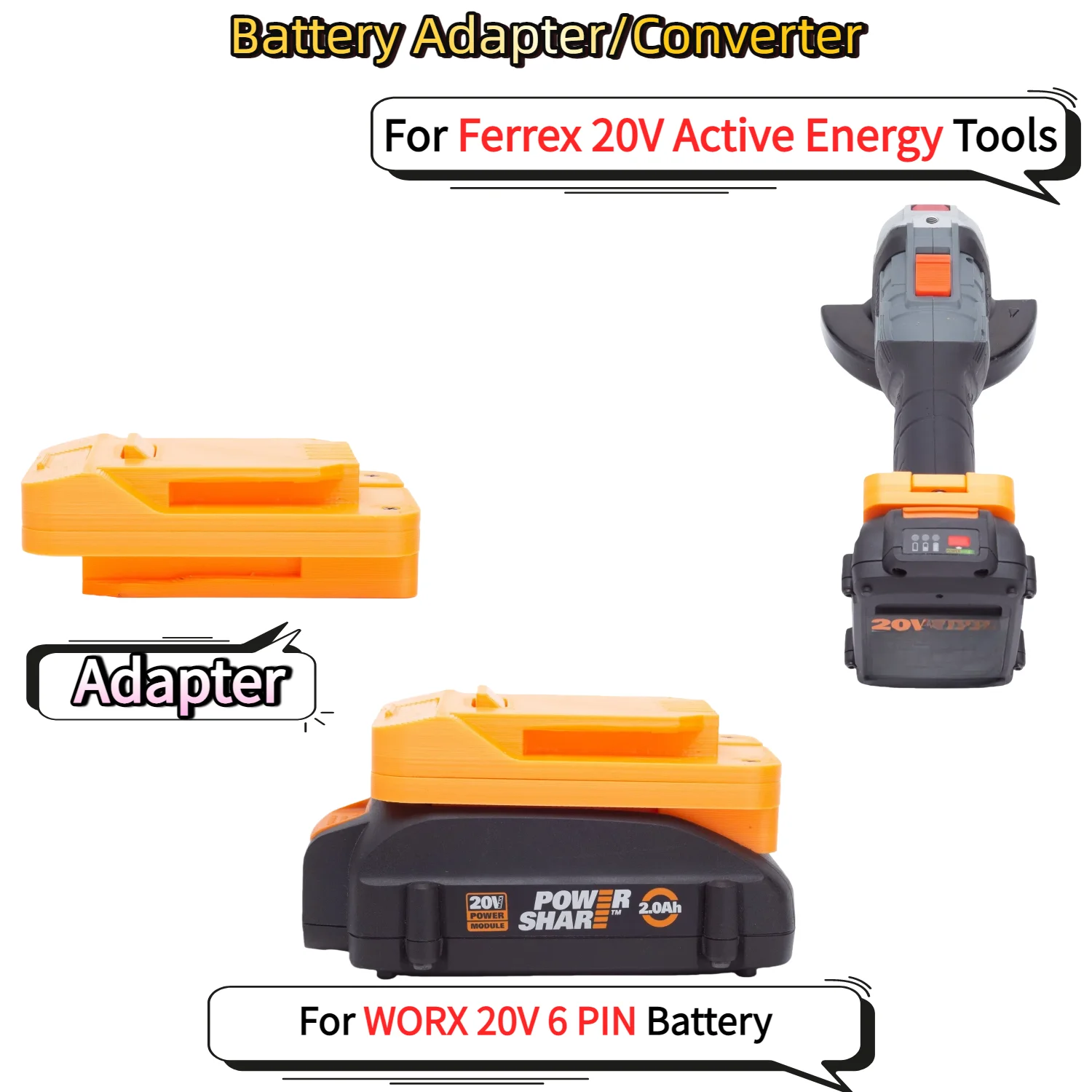 

Адаптер/конвертер для аккумулятора WORX 20V 6 PIN Li-ion для электроинструментов Ferrex 20V Active Energy (только адаптер)