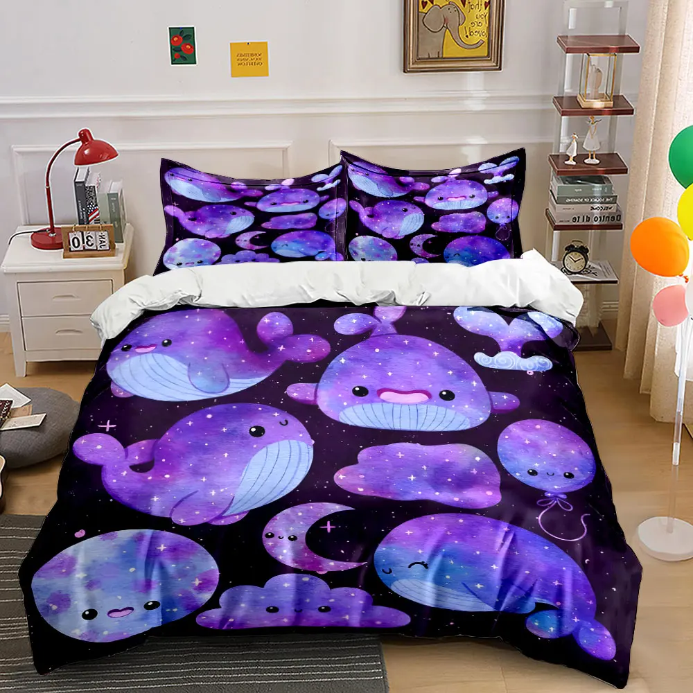 Cute starry whales and cloud elements Pattern Duvet Cover Set Digital Print Colorful Polyester Bedding with Zipper Closur gifts