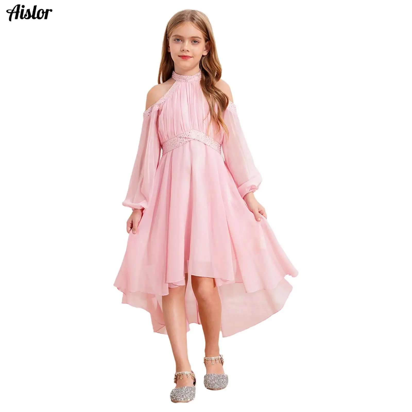 

Children Girls Party Dress Solid Color Halter Off-shoulder Long Sleeve Ruffled Irregular Hem Fake Diamond Dress for Wedding Prom