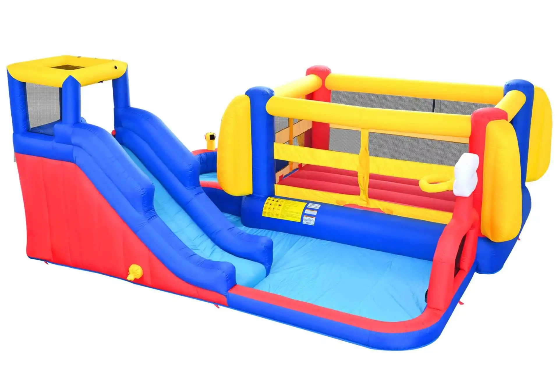 7-in-1 Inflatable Water Park with Deep Pool & Slide, Kids Bounce House with Basketball Hoop & Water Cannon, Outdoor Backyard Water Slide with Blower