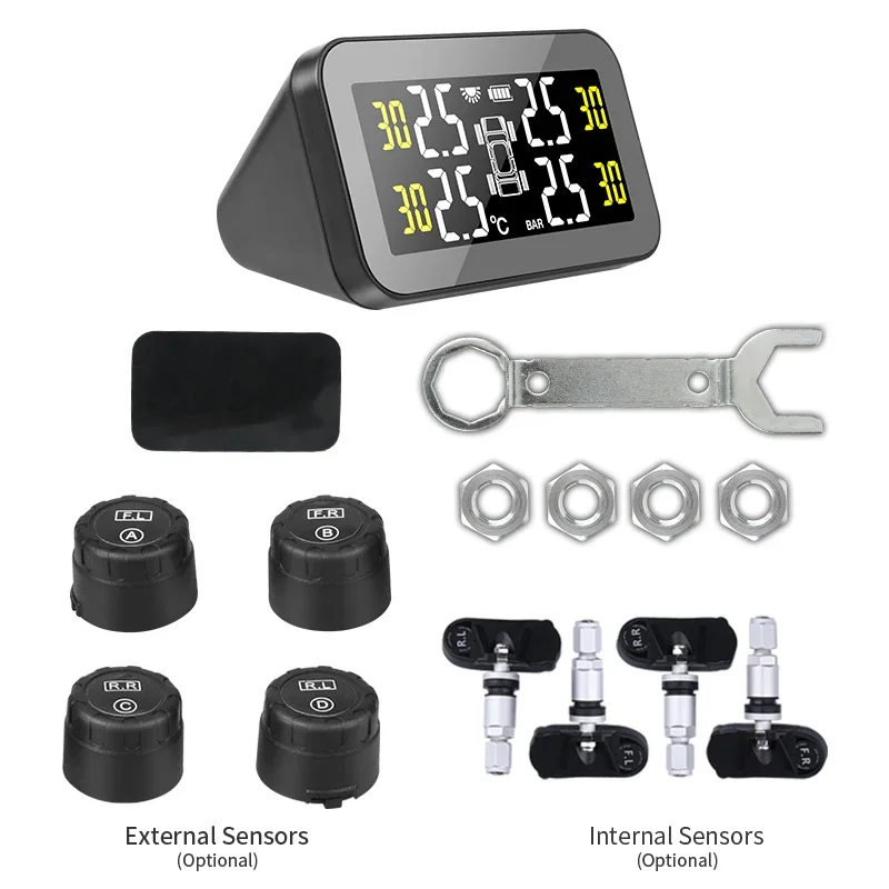 TPMS Solar Power Intelligent Wireless Adjustable LCD Screen Tire Smart Car Pressure Monitor System&4 IP68 Waterproof Sensors