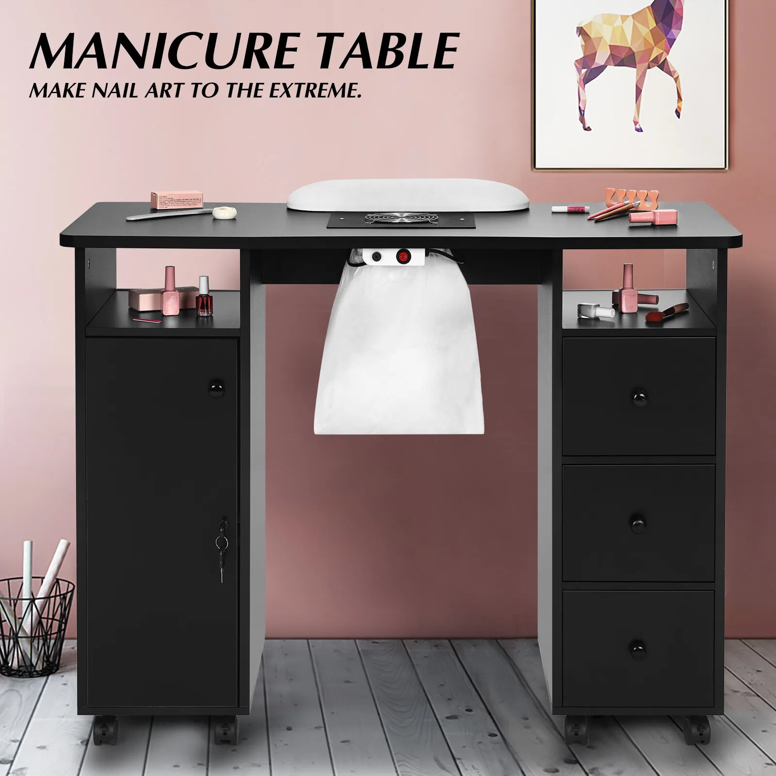 

Black Manicure Table Nail Desk Makeup Dressing Station w/ Dust Collector,Drawers