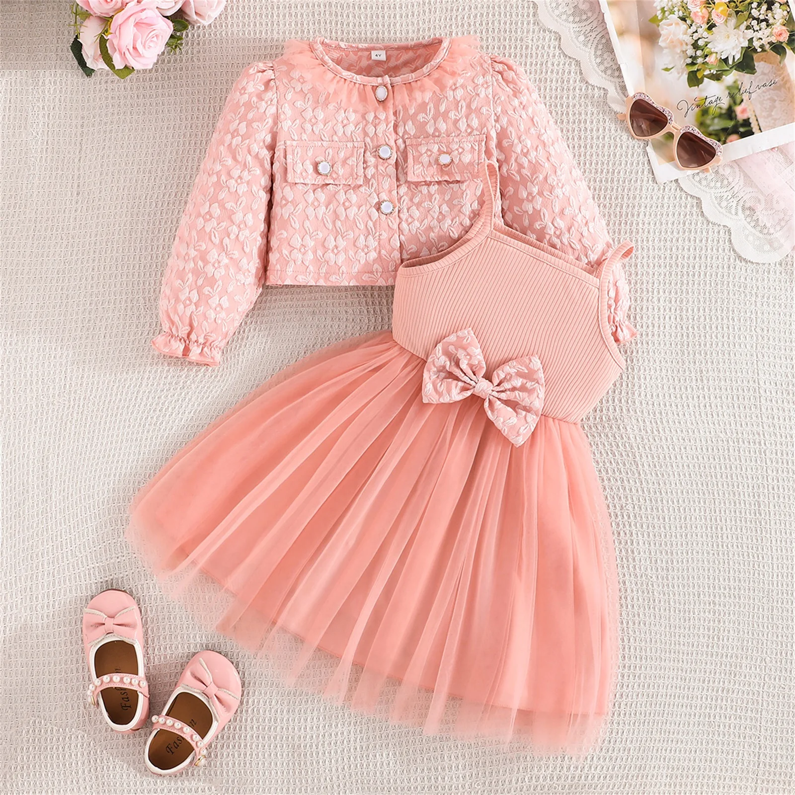 2-8Y Children's Girls Summer Fall 2 Piece Sets Tulle Patchwork Slip Dress with Flower Jacket Outfits for Casual Daily