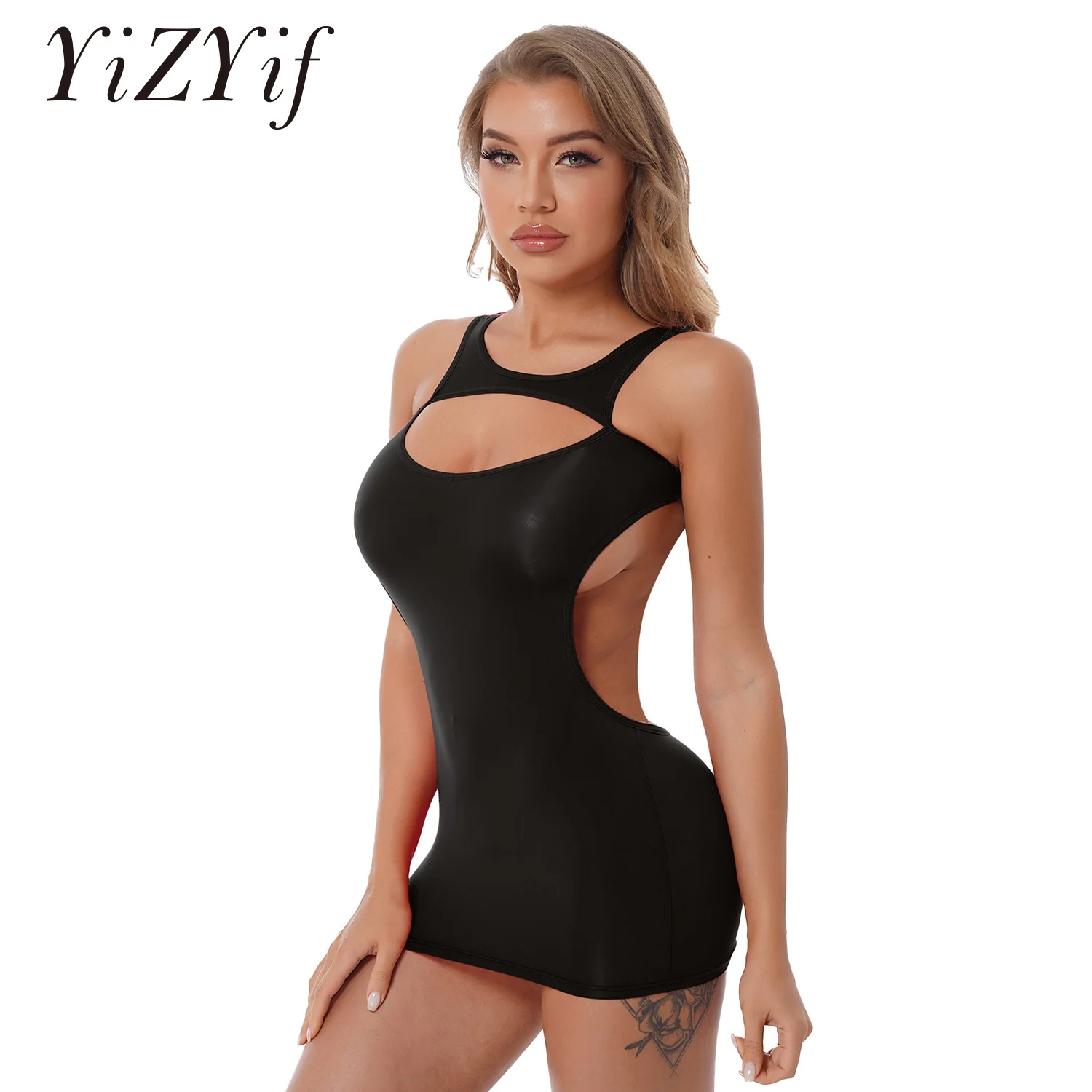 

Sexy Lingerie Womens Cutout Mini Dress Semi See-through Backless Bodycon Dresses Ladies Solid Color Clubwear Nightwear Swimwear