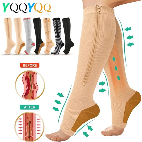 Calcetines de compresión con cremallera para hombre y mujer, medias hasta la rodilla hasta la pantorrilla, con punta abierta, 15-20mmHg, 1 par