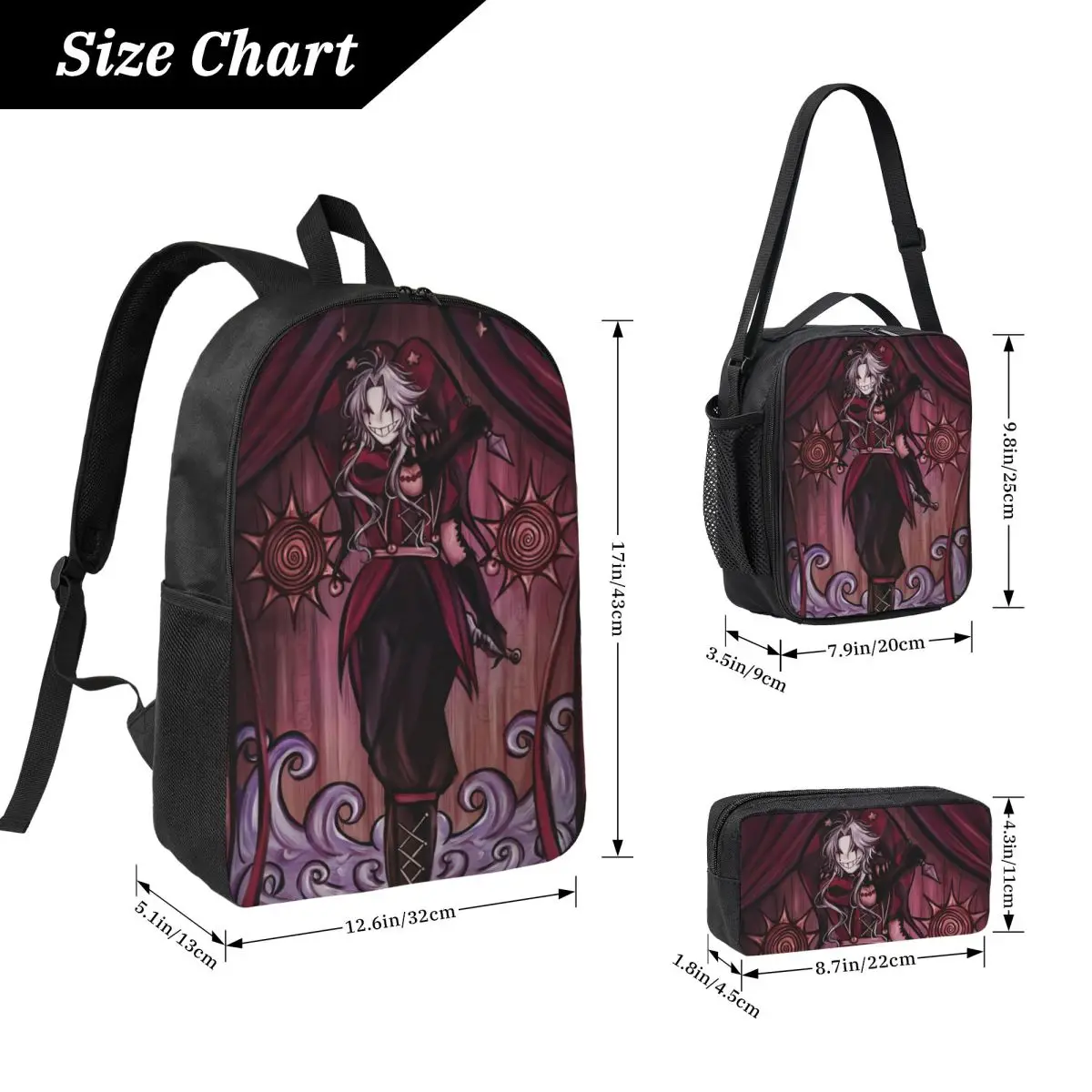 3Pcs Pierrots The Freak Circus  Backpack Set for Girls Boys Pen Bags Bookbag Sets with Lunch Box For School Students Knapsack