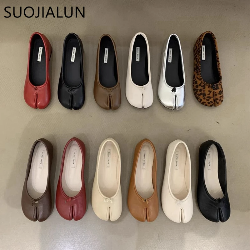 SUOJIALUN-zapatos planos con punta dividida para mujer, mocasines informales de piel de microfibra, cómodos, Otoño, 2024