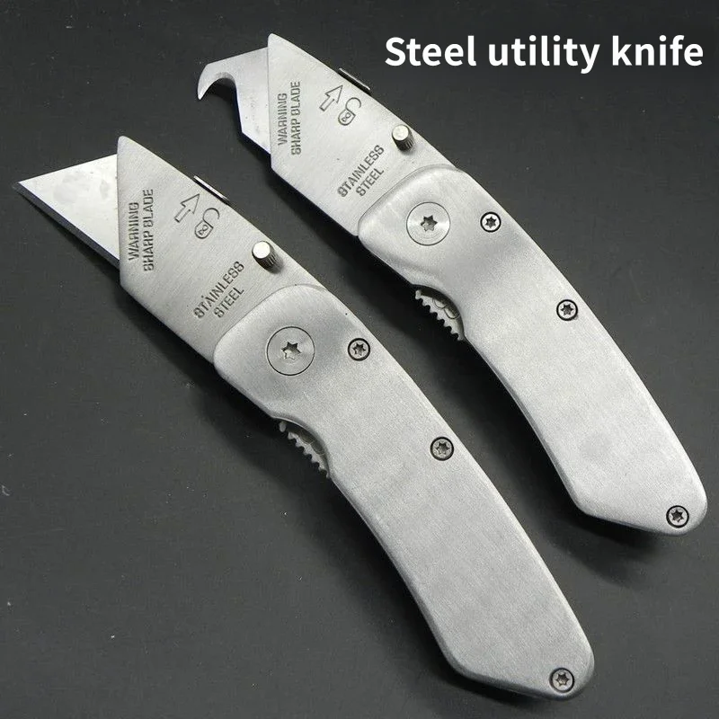 Stainless Steel Folding Utility Knife Box Cutter, Portable Pocket Carpet Wallpaper Knife with Belt Clip, Package Opener Cutting