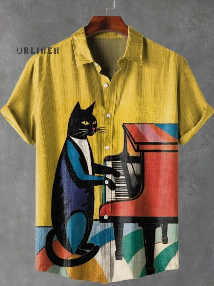 2025 fashionable 3D printed quirky cat animal pattern men's summer casual loose linen pocket short button up collar large shirt