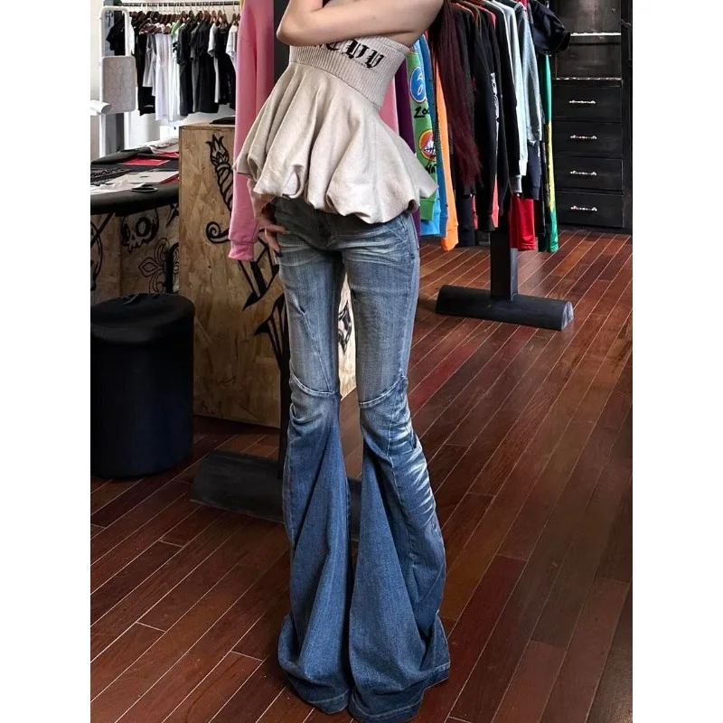 American Vibe Y2k Low Waist Slim Washed Jeans Women Distressed Flare Wide Leg Long Jeans Retro Casual Cool Style Daily Outing