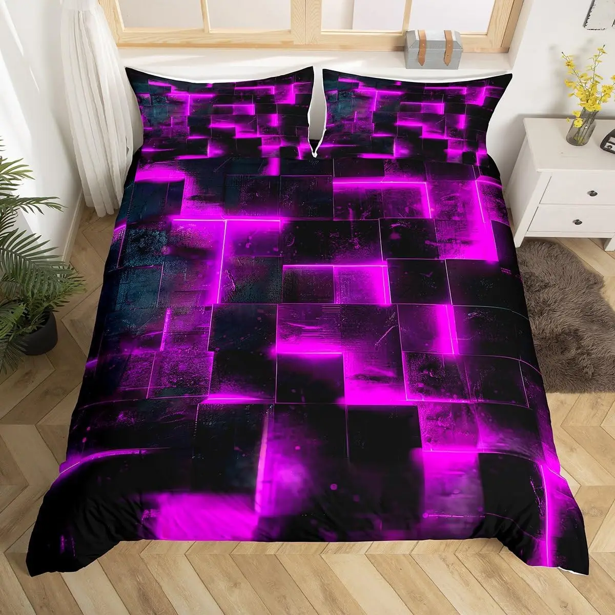 Modern Abstract Geometric Full Queen King Duvet Cover Glowing Futuristic Cubes Comforter Cover Gradient Buffalo Grid Bedding Set