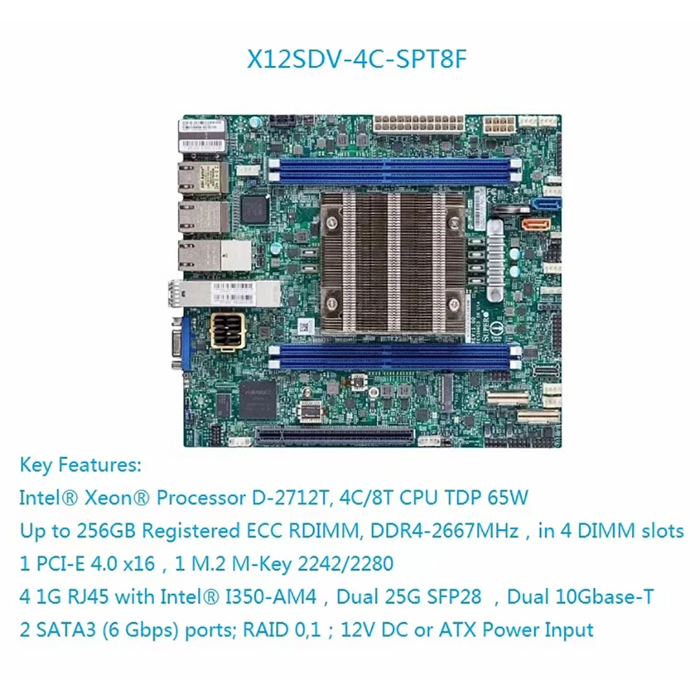 มาเธอร์บอร์ด X12SDV-4C-SPT8F ใหม่สำหรับโปรเซสเซอร์ supermini Xeon D-2712T DDR4 PCI-E 4.0 SATA3 Micro-ATX