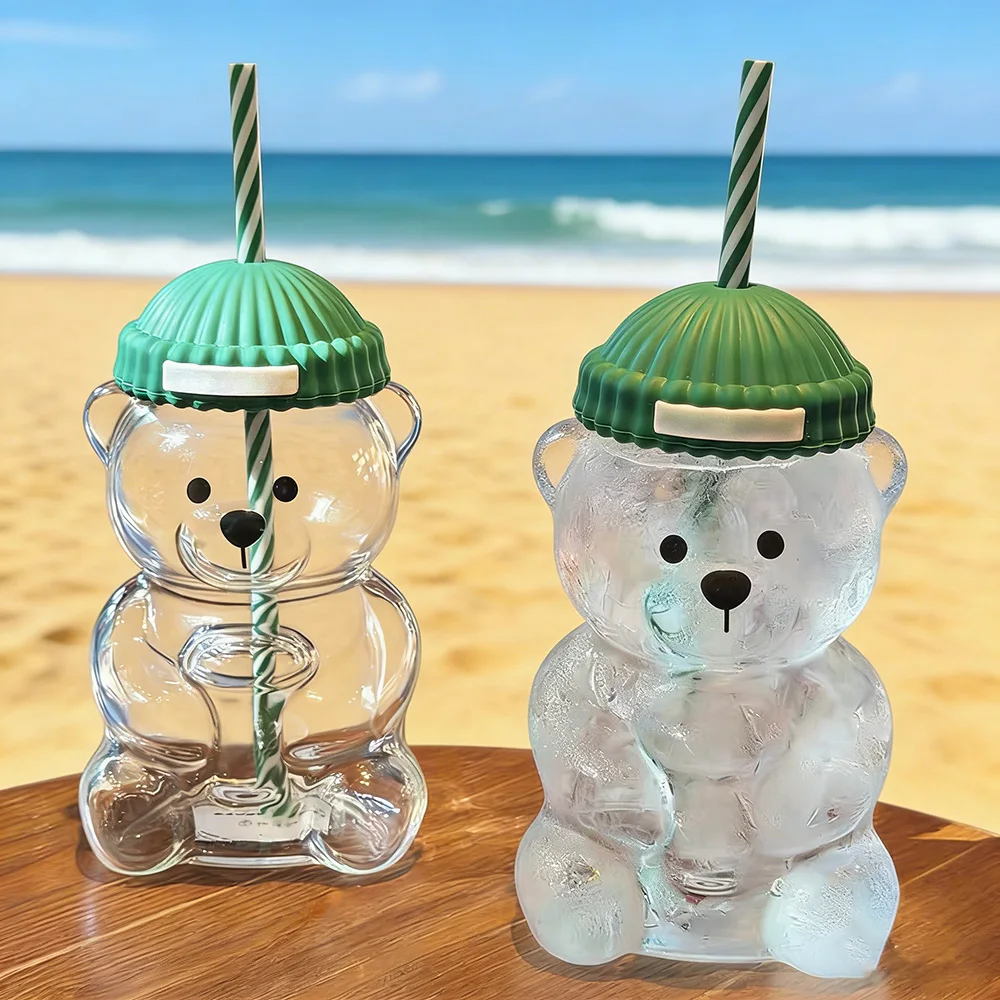 

Дизайнерская высококачественная летняя стеклянная соломенная чашка с медведем, милая ценная девчачья портативная чашка большой емкости